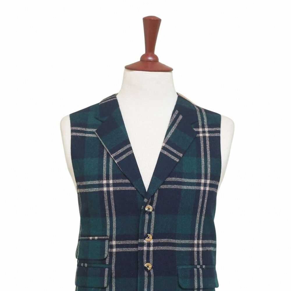 Mens Plaid Vest 44R Blue Green Beige Wool Waistcoat XL Western Casual Wedding - Picture 4 of 9